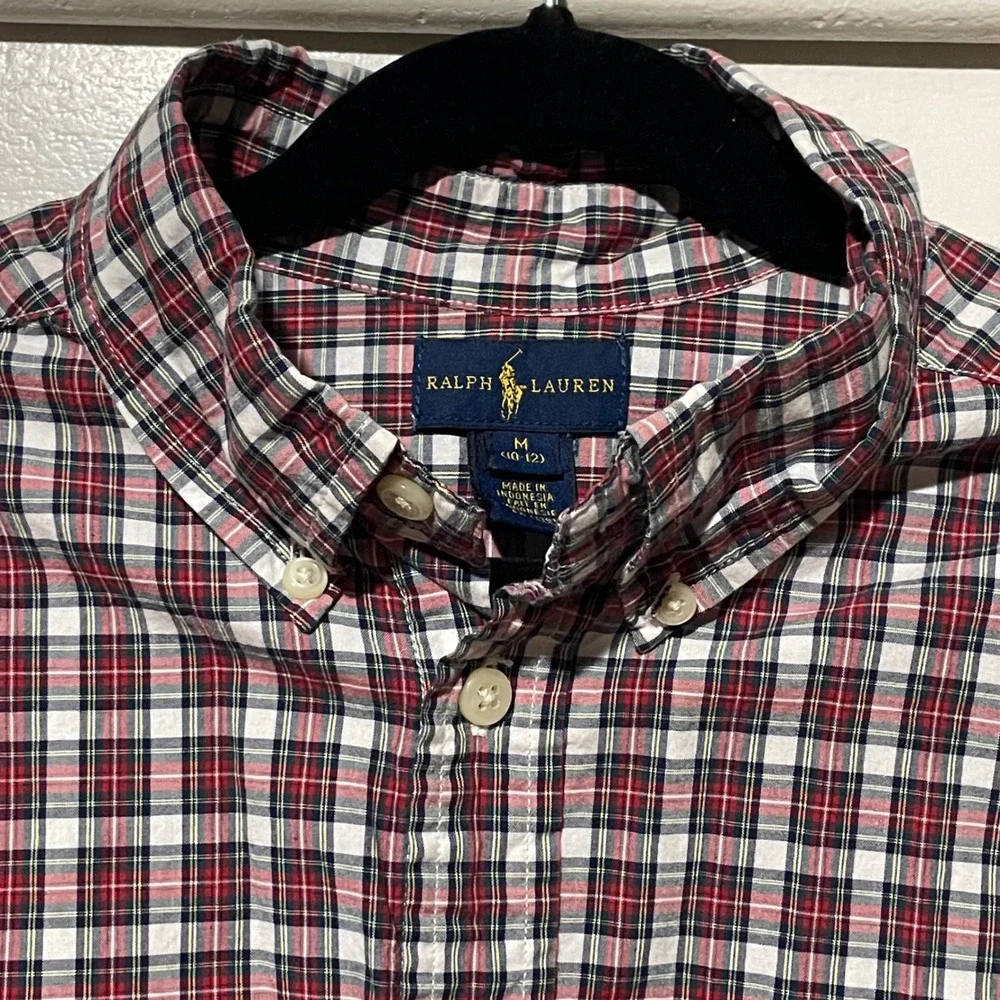 Ralph Lauren Boys Red White‎ Navy Plaid Button Down Shirt Size M 10-12 Cotton